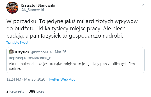 Krzysztof Stanowski o pomocy dla bukmacherów na Twitter